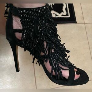 Steve Madden black rhinestone suede fringe high heels